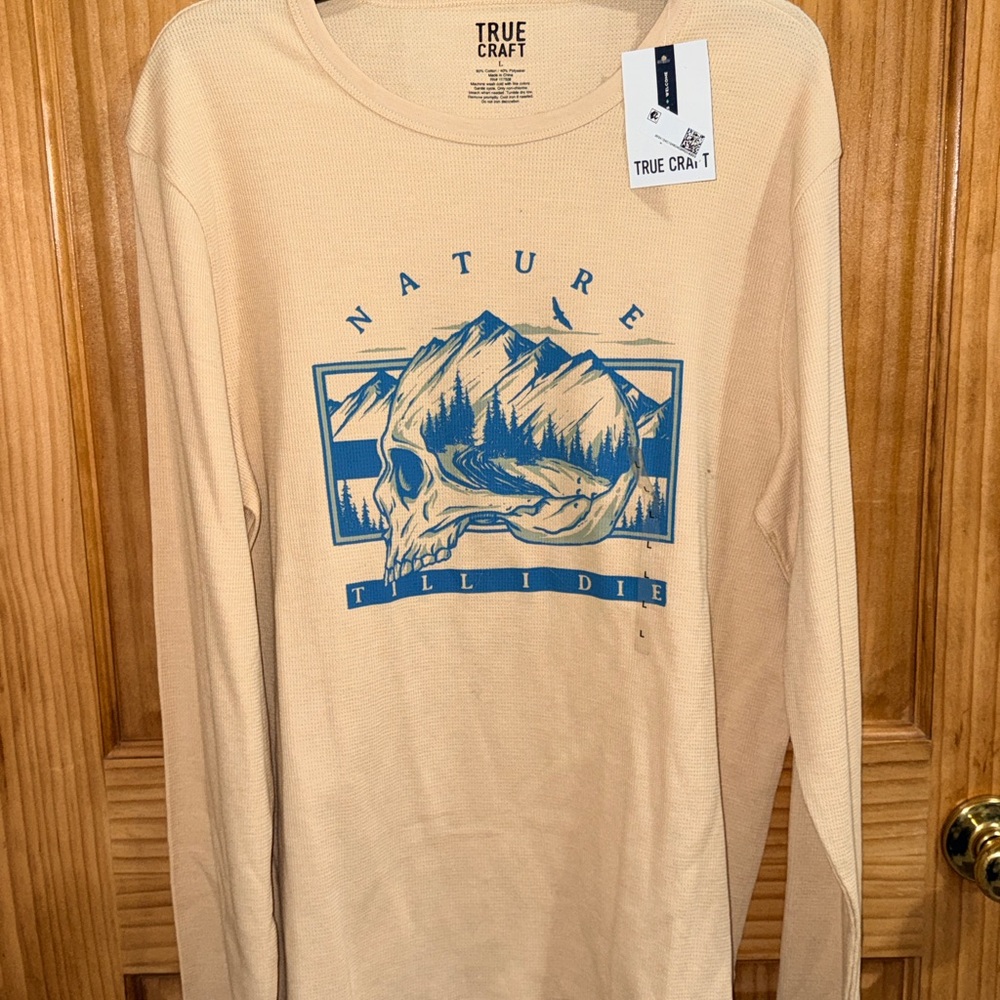 NWT True Craft Tan Long Sleeve Thermal Tee with Blue Graphic - L